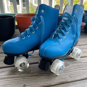 Bright blue roller skates with light-up wheels